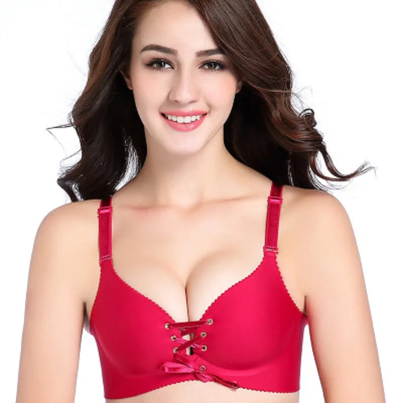 

Big size Sexy front closure rope bra Front pull rope gathering type young girl sexy bra with back hook wire free push up bra