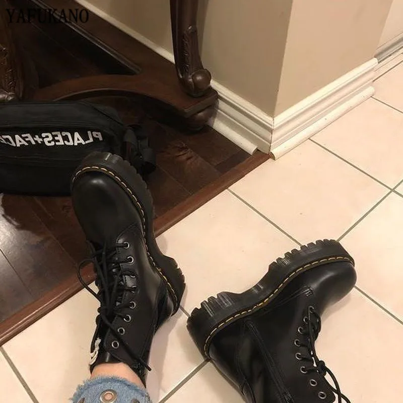 

Size35-40 Chunky Motorcycle Boots For Women Autumn 2020 Fashion Round Toe Lace-up Combat Boots Ladies Shoes