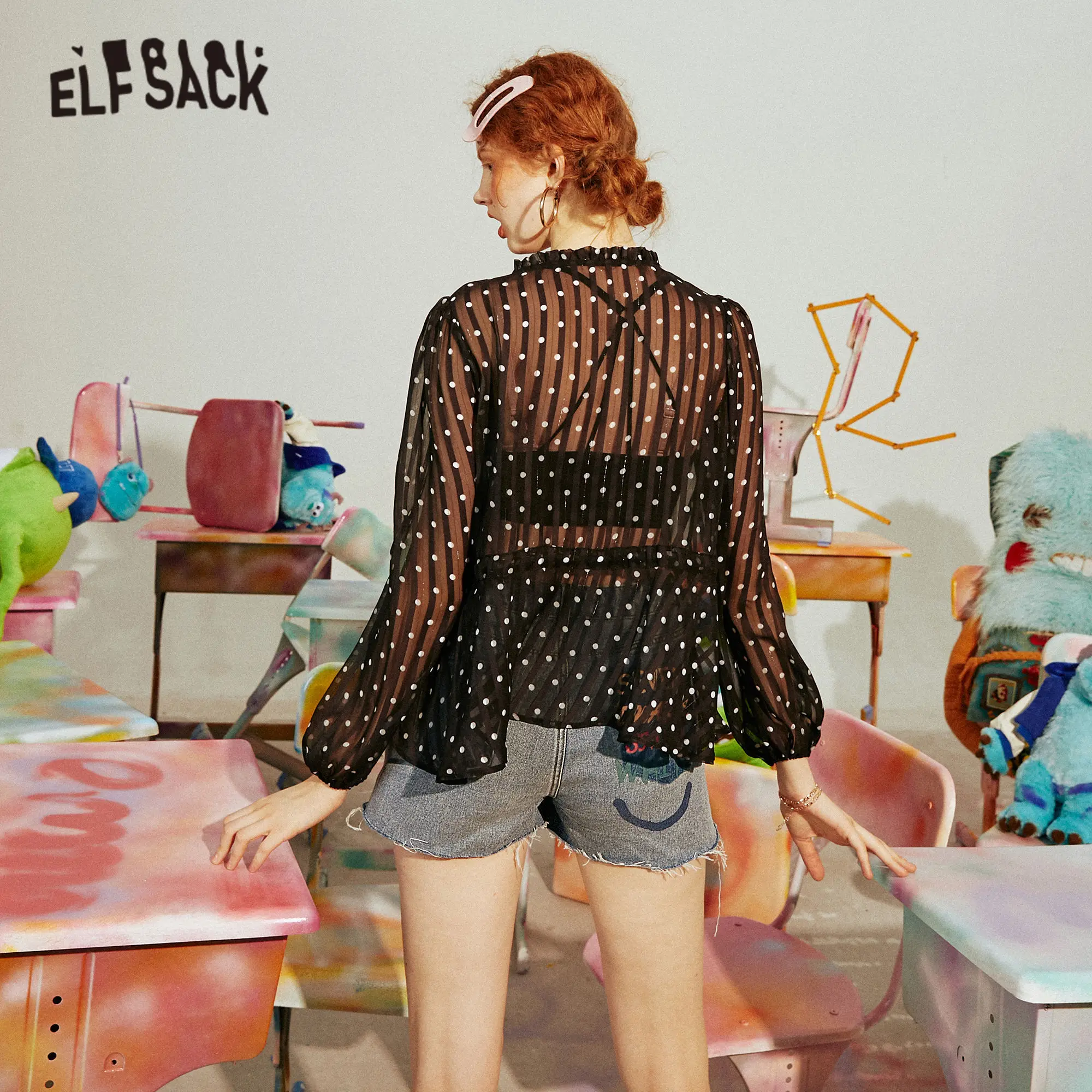 Женская прозрачная шифоновая блузка ELFSACK белая винтажная в горошек с поясом на