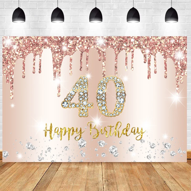 

Rose Gold 40th Backdrop Women Men Happy Birthday Party Light Photography Background Photo Backdrop Decoration Banner