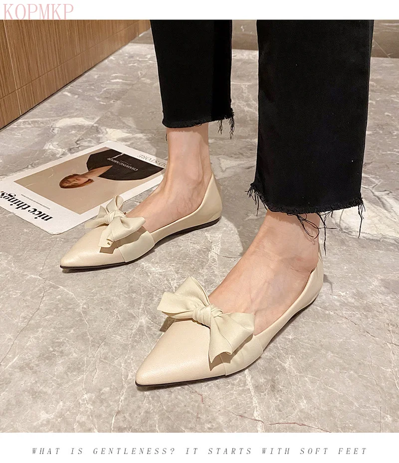 

New Pointed Shallow Mouth Four Seasons Single Shoes Women 2021 Retro Flat Bow Soft Sole Shoes