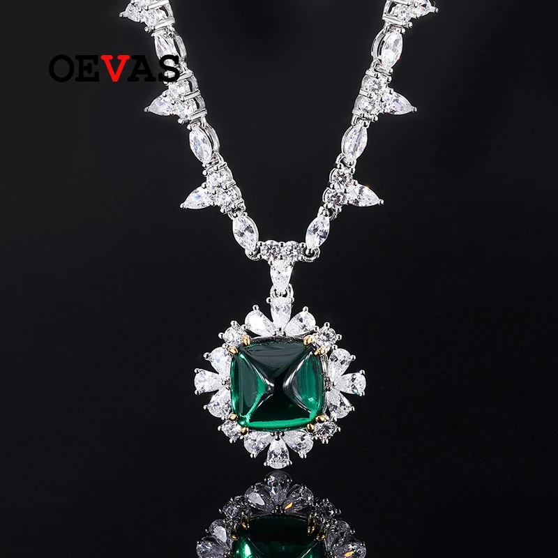 

OEVAS 100% 925 Sterling Silver 14*14mm Emerald Full High Carbon Diamond Pendant Necklace For Women Sparkling Party Fine Jewelry