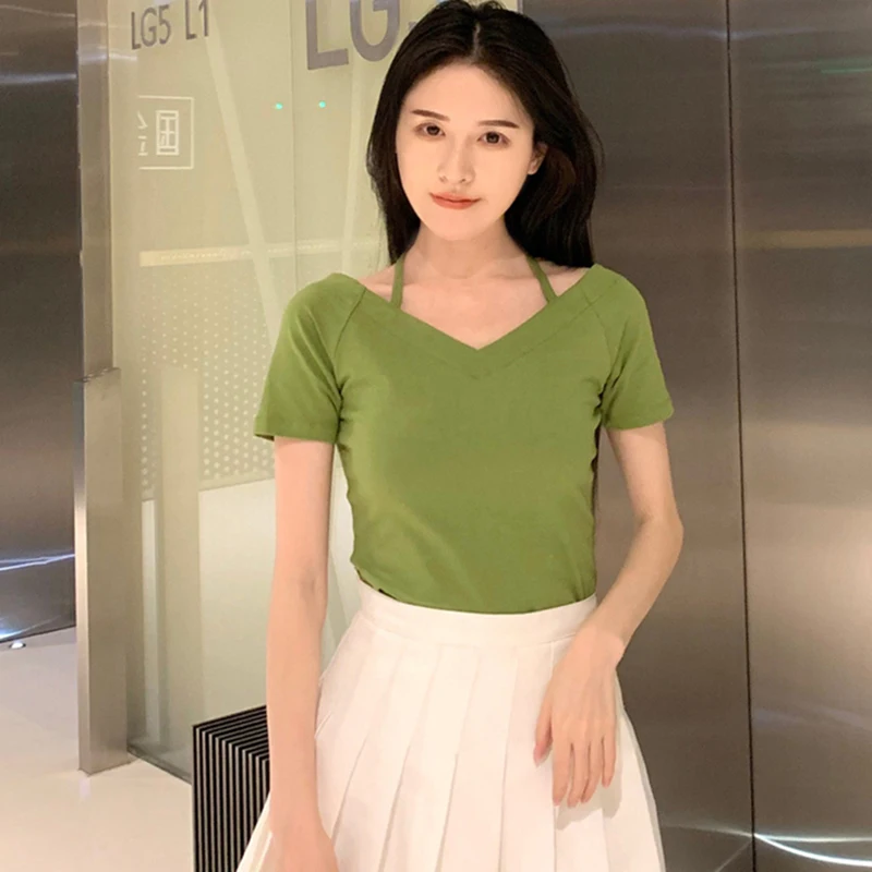 Топ с открытыми плечами футболки для женщин 2020 Лето V образным вырезом Футболка