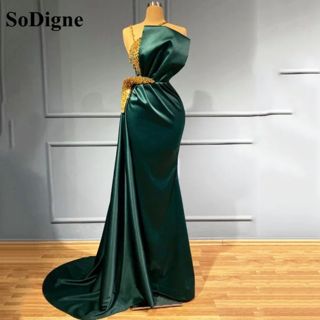 

SoDigne Exquisite Green Satin Mermaid Prom Dresses Gold Sequined Dimond Pleats Floor Length Party Dress Evening Gowns 2022