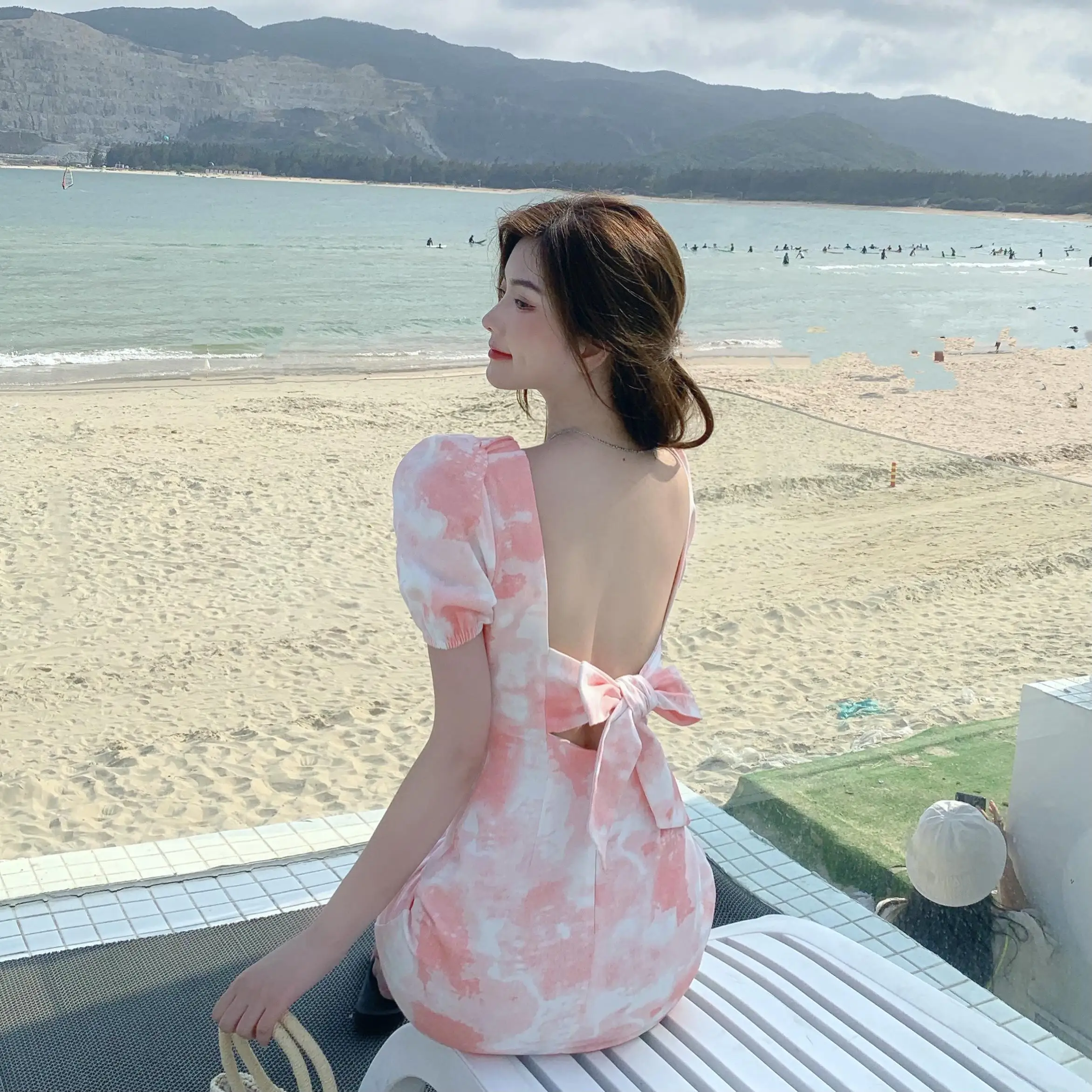 

COIGARSAM Short Sleeve Women dress New Backless V-Neck Dresses Blue Pink 9182