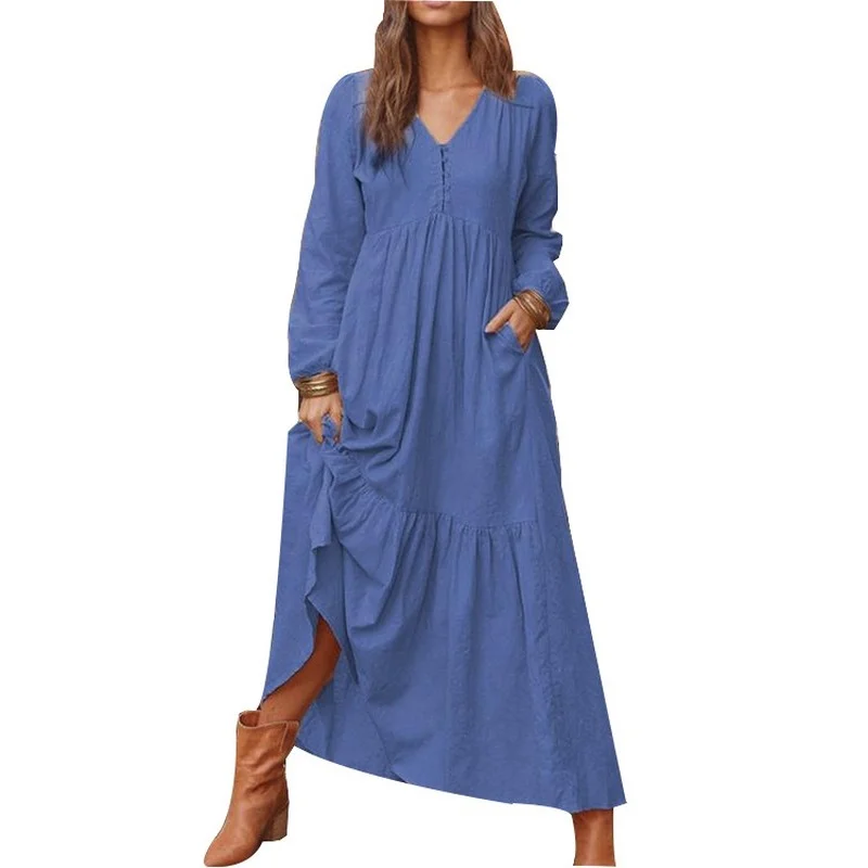

houthion New Long Sleeve Women's Dresses Solid V-neck Maxi Dress Loose Fashion Casual Lantern Sleeve Ankle-Length A-Line