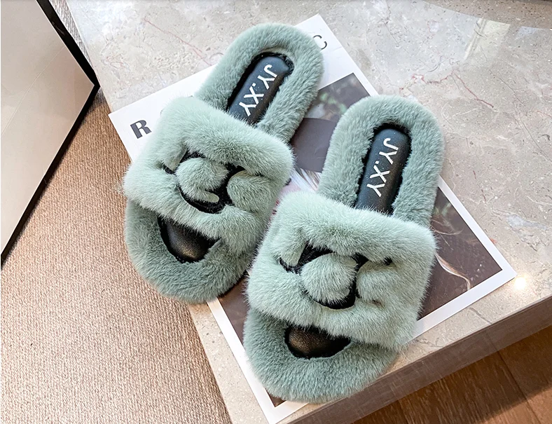 

women shoes Home Slipper Winter Warm Shoes Woman Slip on Flats Slides Female rabbit Fur Slippers 35-40 wholesale femmes Slippers