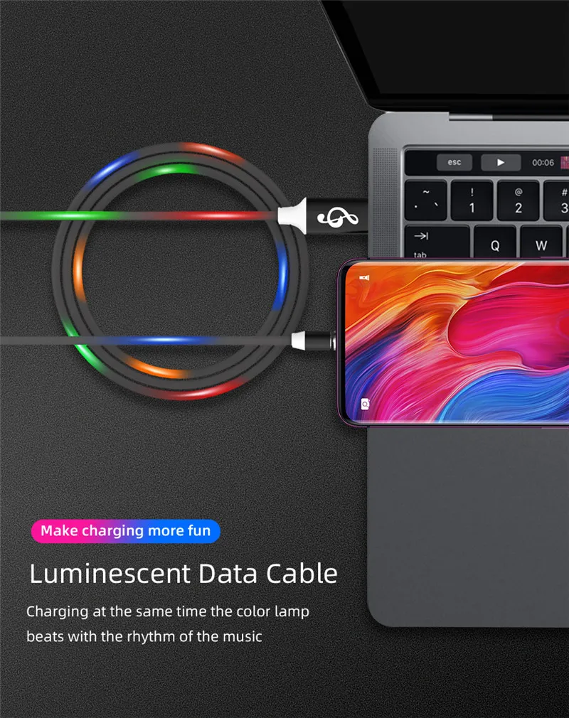 Светодиодный магнитный Micro USB кабель для samsung S10 S9 Быстрый usb type C зарядный кабель для зарядки USB C Магнитный зарядный кабель для мобильного телефона