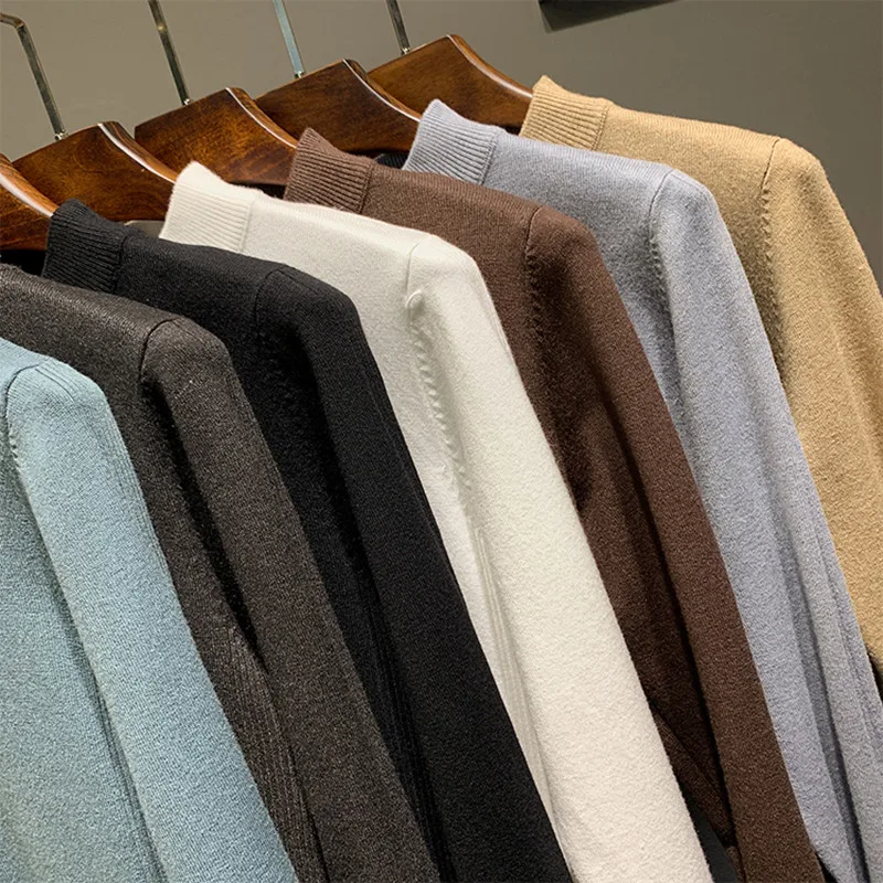 

Новинка 2021, модный Мужской приталенный Повседневный однотонный вязаный пуловер с полувысоким воротом, Мужская брендовая рубашка с круглым ...