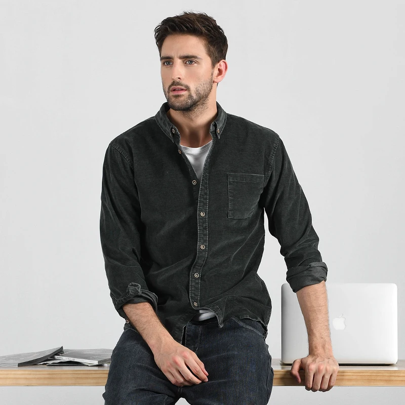 Мужская винтажная фланелевая приталенная хлопковая рубашка однотонные