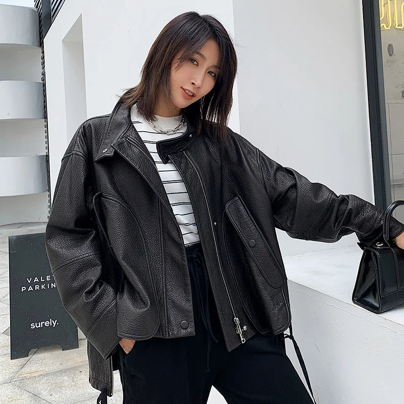 

JCHB 2021 leather Sheepskin coat genuine Women's Mid-length Haining leather windbreaker bubble leather Western style loose coat