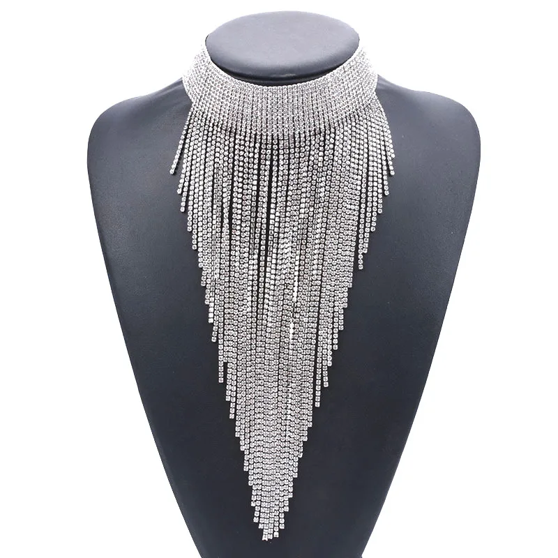 

Bohemia Lady Multi Layer Crystal Choker Full Clear Rhinestone Gold&Silver Color Alloy Boho Ethnic Long Tassel Necklace for Women