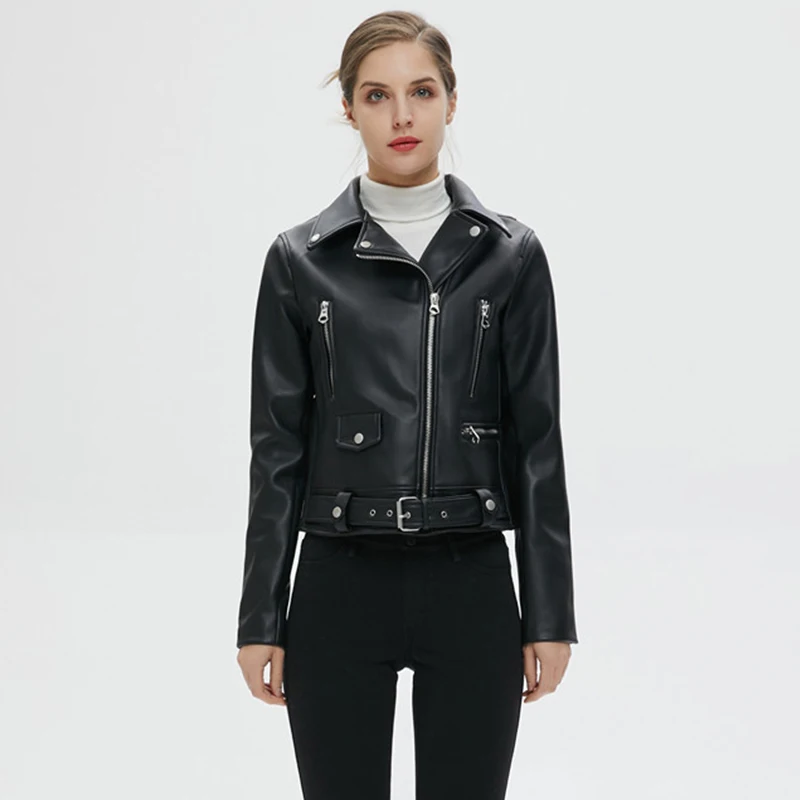 

New Women Autumn Winter Black Faux Leather Jackets Zipper Basic Coat Turn-down Collar Motor Biker Jacket With Belt