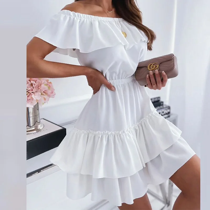 

Elegant Cascading Ruffle Party Dress Women Sexy Off Shoulder Mini Dress Summer Office Lady Slash Neck Slim A-Line Dress Mujer