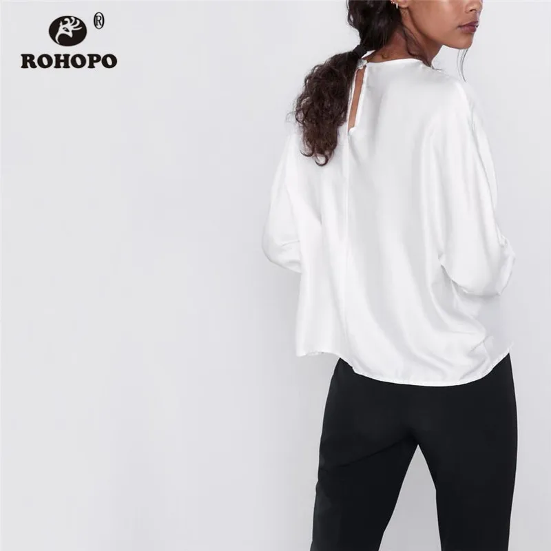 ROHOPO круглый воротник длинный рукав пятнистая белая блузка пуговица облачко шея