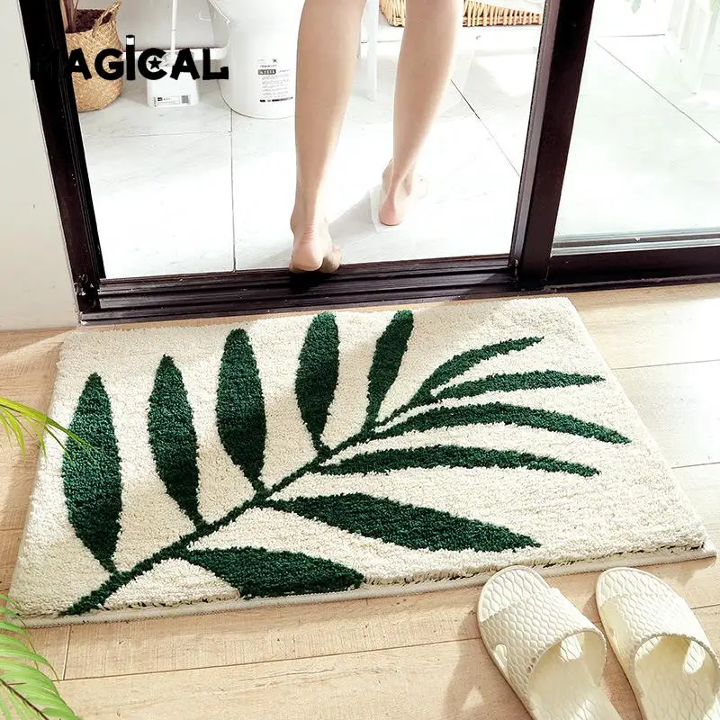 

Green Leaves Flocking Carpet Bath Non-Slip Absorbent Microfiber Bathroom Rug Home Entrance Door Mat Super Soft Bath Mat