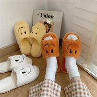 winter women house slippers open toe fur fashion big smile indoor warm shoes slip on flats female slides cozy home furry slipper