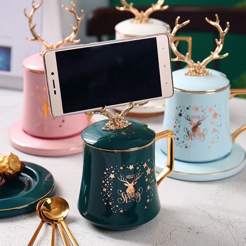 2021 new arrival mug coffee cup antlers christmas cup featured mobile phone holder water cup exquisite christmas gift free global shipping