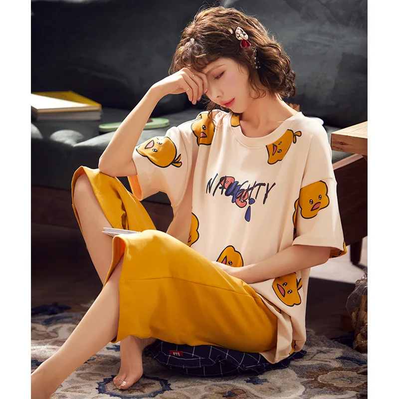 

Cute Duckling Pattern Women Pajamas Loose Casual Short Sleeve Tops Home Service Large Size Comfortable Shorts Sleepwear Ladies