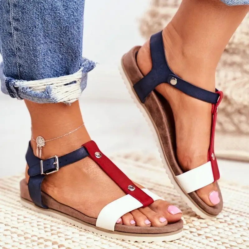 

Summer 2021 Side Spare Large Size Low Top Flat Adult Patchwork Red Wedge Heel Fish Spout Fashion Sandals zapatos de mujer