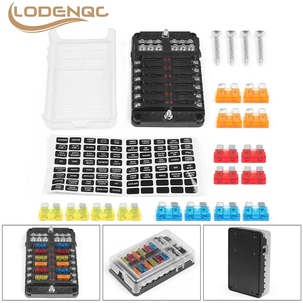 

Lodenqc 12-Way Blade Fuse Box Block Holder LED Indicator 12V 32V Auto Marine Waterproof BX102272