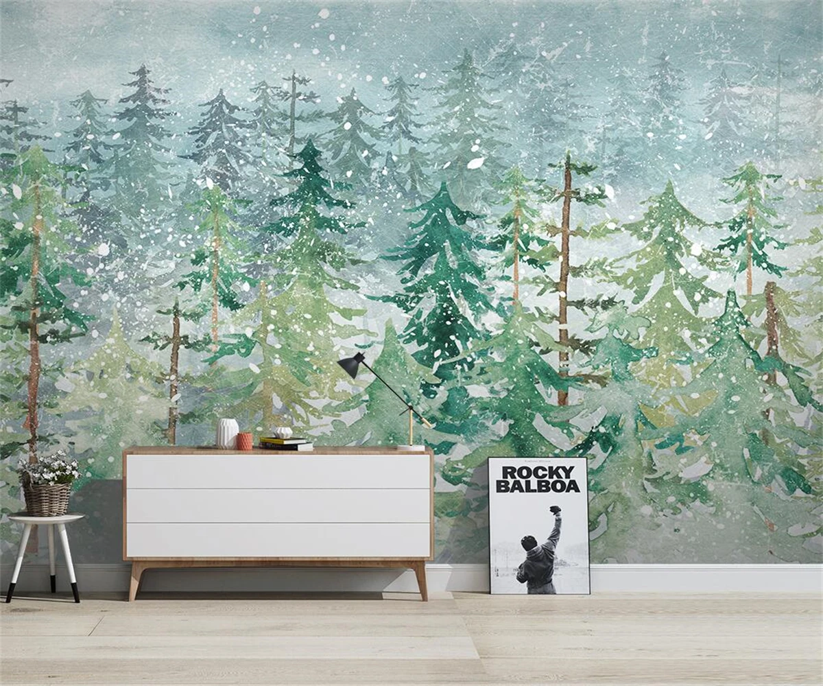 

3d wallpaper Nordic hand painted pine forest abstract woods watercolor bedroom TV background wall 3d wallpaper