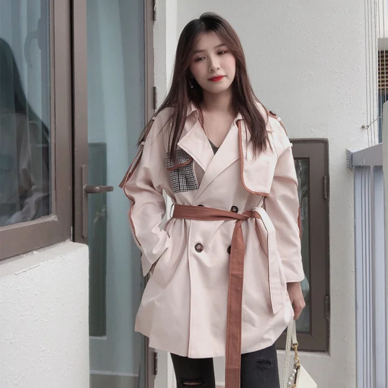 Женский двубортный Тренч с поясом-кушаком элегантная свободная повседневная
