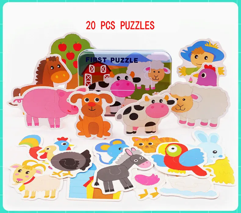 Розовый 20 pieces Large puzzles Iron box packing, Early childhood educational enlightenment puzzle, 1-2-3 years old Paper puzzles toys - Цвет: Розовый
