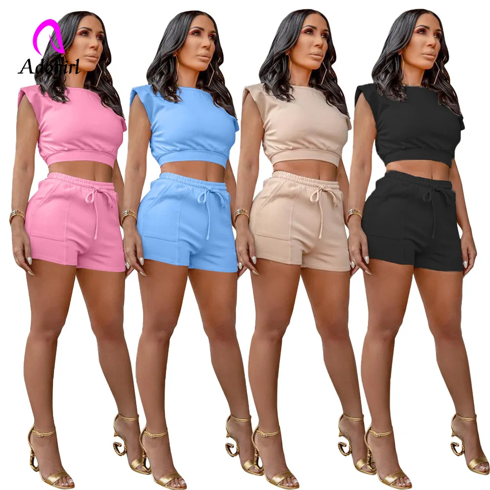 

Tracksuit Women 2 Piece Set Fitness 2021 Summer Sleeveless Crop Top + Skinny Cargo Shorts Solid Workout Sporty Jogger Set Outfit