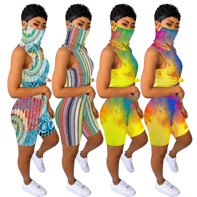 

Women's Sports Two Piece Suit Fashion Tie-dye Print Vest Top with Face Mask and High Waist Shorts