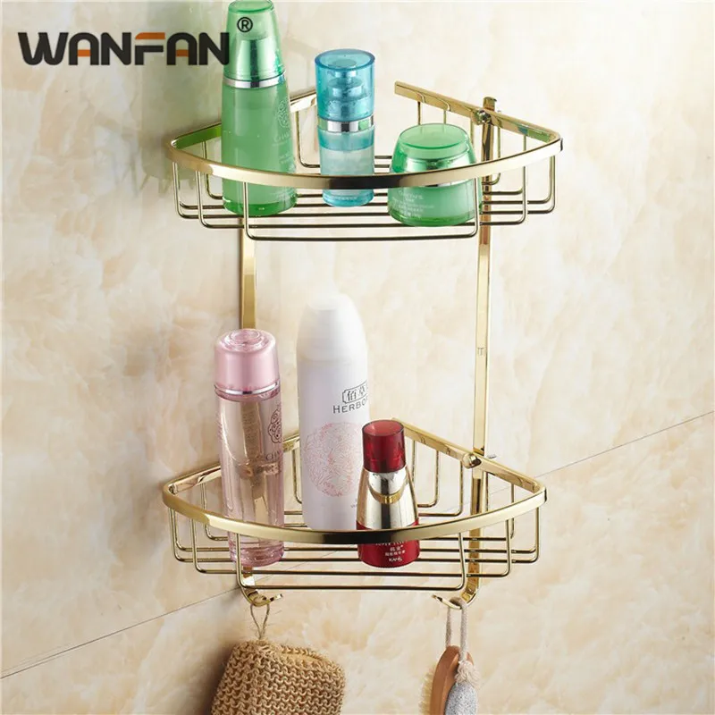 

Bathroom Shelves Wall Mounted Golden Brass Bathroom Soap Basket Bath Shower Shelf Basket Holder Building Material HJ-118K