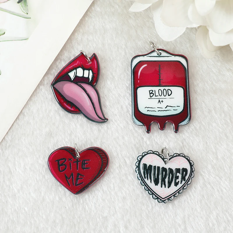 Free Shipping 32Pcs Halloween Charms Creepy Vampire Lips Blood Bag  Bite Me Murder Heart Acrylic Findings For Jewelry Diy