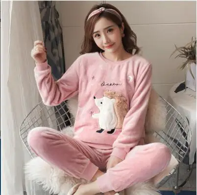 Hedgehog pink Женский набор пижам Пижамы, костюм для сна, плотные брюки с длинными рукавами, женская зимняя теплая фланелевая ночная рубашка кораллового цвета с круглым вырезом, с рисунком Тоторо, животных, милая Пижама Mujer - Цвет: Hedgehog pink