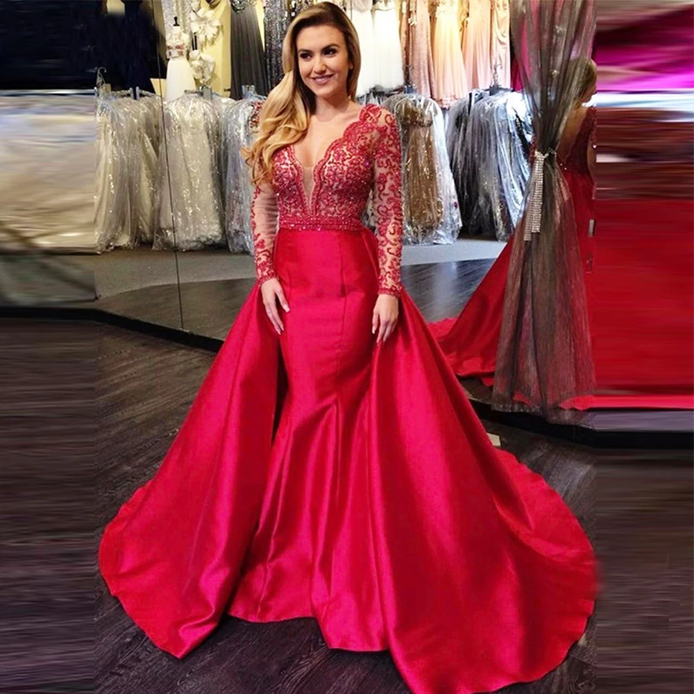 

Red Long Sleeves Evening Dresses Sequined Backless Deep V Neck Formal Evening Long Dress Prom Gowns Robe Soiree Longue