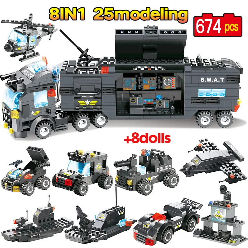 

City Police Station Military WW2 Car Headquarters Building Blocks SWAT Truck Figures Bricks Toys For Kids Gifts