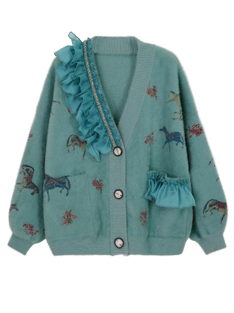 Женский свитер в стиле ретро зима 2019 новинка с оборками принтом вязаный кардиган