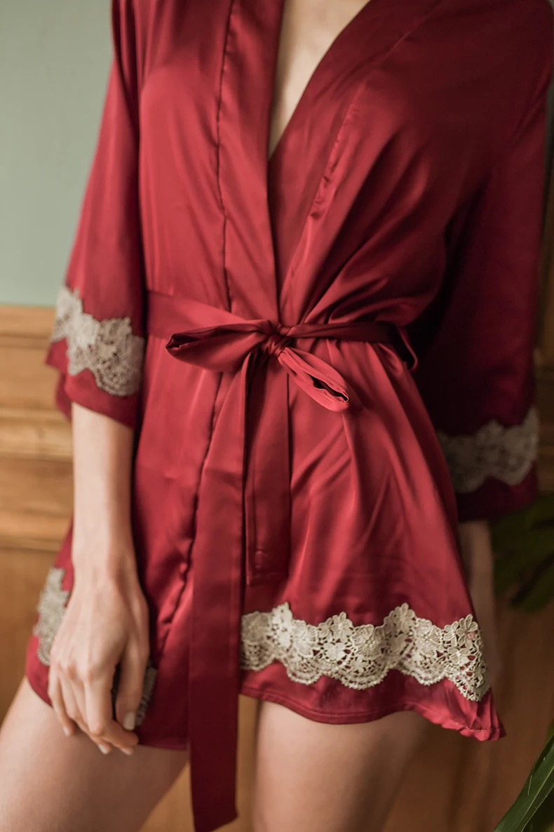 Yhotmeng sexy straps large size tie with long sleeves silk robes for women bath robe bridesmaid robes