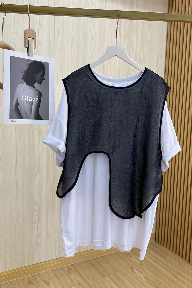

2021 New Summer Mesh Waistcoat Vest T-shirt Two-Piece Suit Short Sleeve Ins Trendy Women's Top