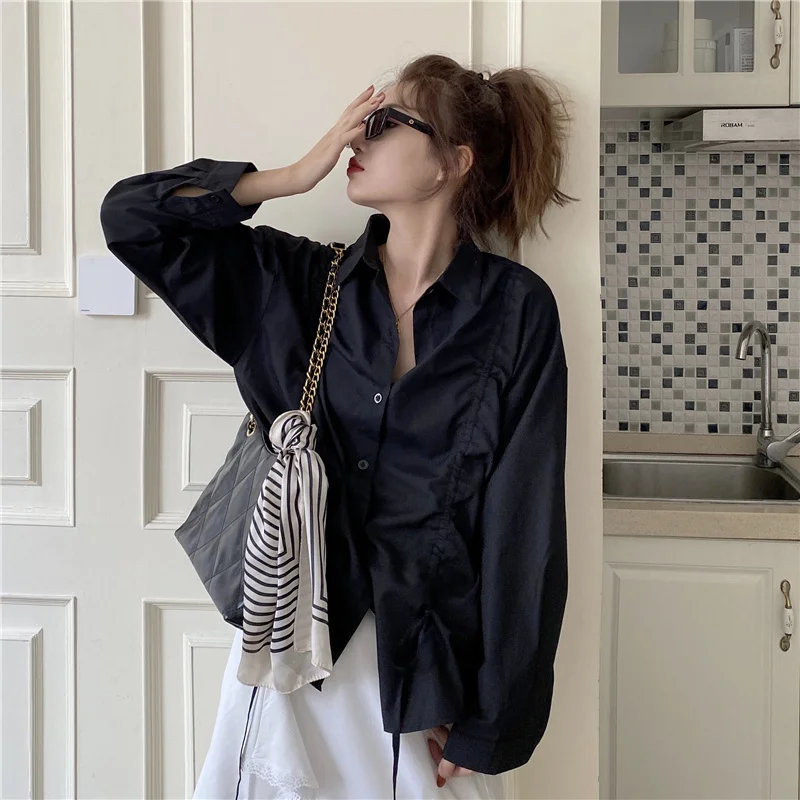 

Price Korean Style Autumn Solid Color Simple Loose Drawstring Lace-up Shirt All-Matching Long Sleeve Top