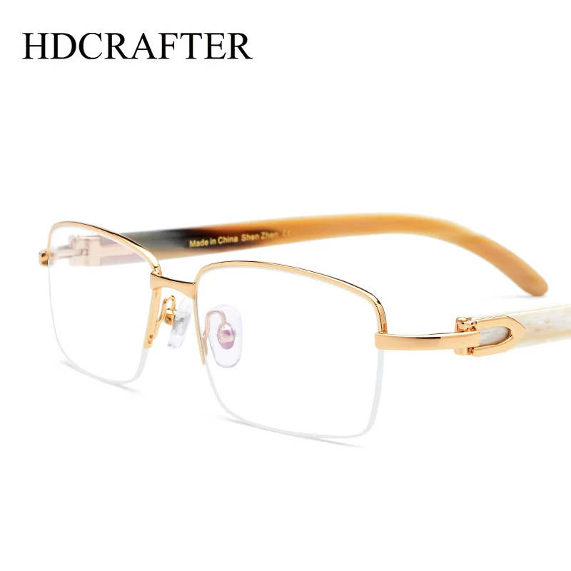 HDCRAFTER Natural Horns Glasses Frame Luxury Brand Designer Gold Square Optical Prescription Eyeglasses Frames with Clear Lens