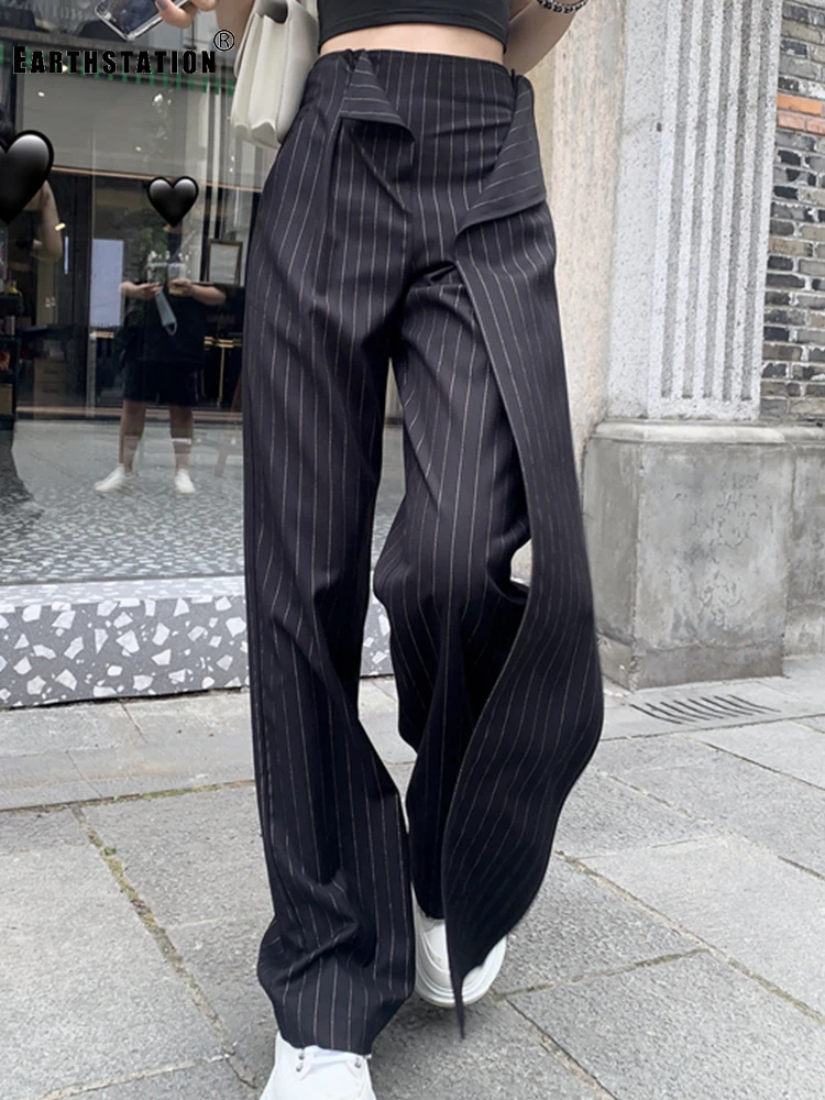 Женские широкие брюки с высокой талией в бронзовую полоску на осень и зиму|Брюки|