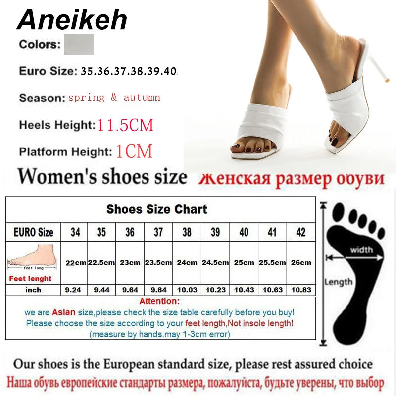 

Aneikeh 2021 New Pleated PU Slippers Women Sexy Summer Concise Solid Stiletto Heels Sandals Square Toe Shoes White Shallow 35-40