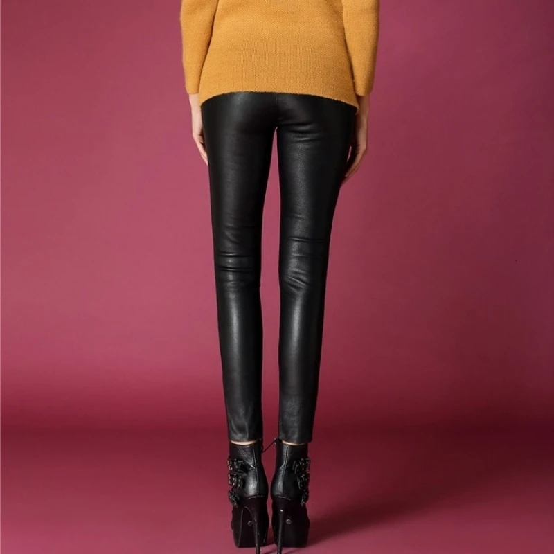 

Genuine Leather Sheepskin Pants Women Streetwear Fashion New Elastic Slim High Waist Pencil Pants Punk Biker Ankle Length Pants