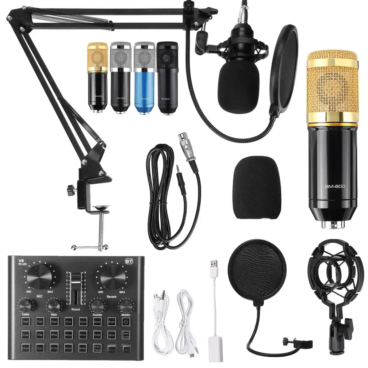 

Bm 800 Karaoke Condenser Microphone Mic For Pc Studio Microphone Braodcasting Singing Recording Karaoke Kit With V8 Sound Card