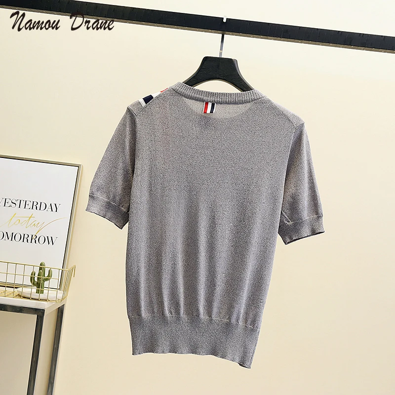 

2021 New Knitted Thin Top Women's Round Neck Short-sleeved Casual Color Striped Top Pocket College Style Women's Pullover