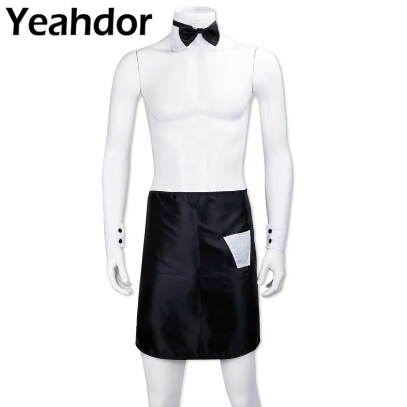 Men Lingerie Set Apron with Bow Tie Collar Cuffs Cosplay Party Nightwear Halloween Mens Waitor Role Play Club Costume Outfits