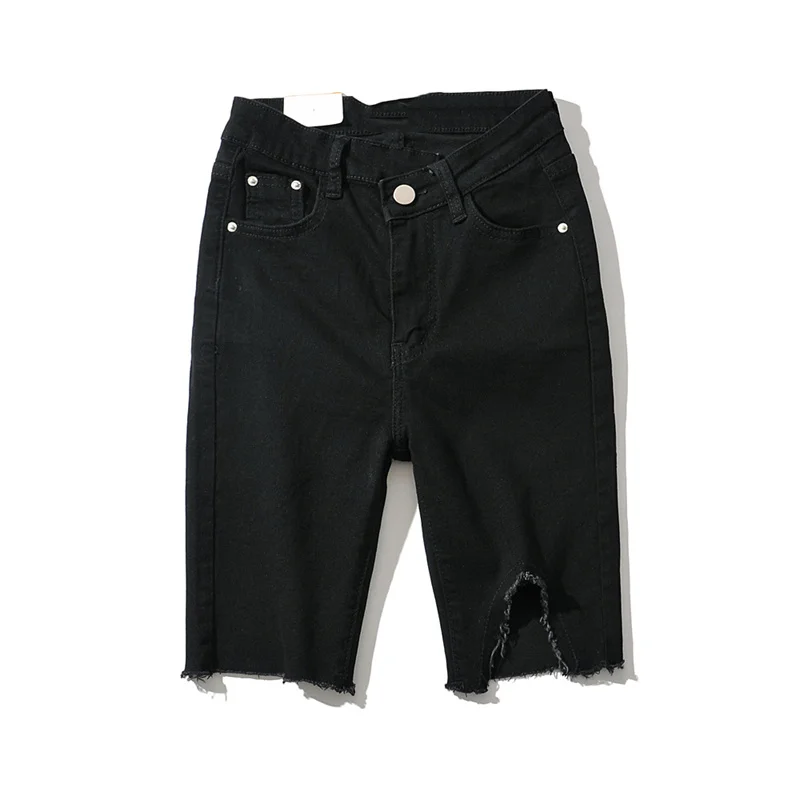 Женские рваные джинсовые шорты однотонные Асимметричные эластичные с высокой