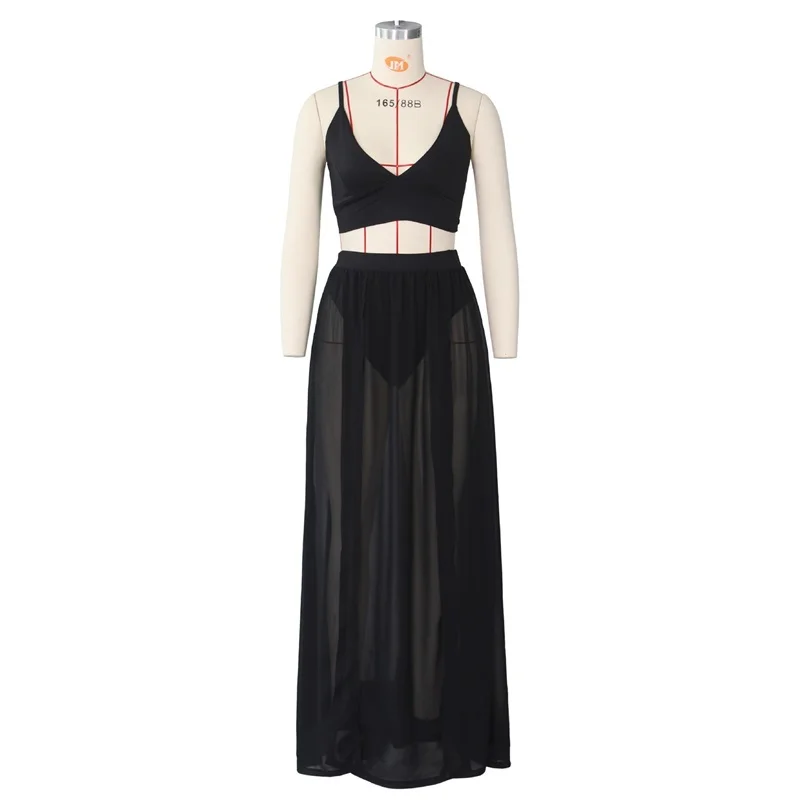 

Beach Summer Sling V-neck Tops +Long Skirt Two Piece Set Chiffon Party Skirt Set Both Siplit Sexy Sleeveless Two Pieces