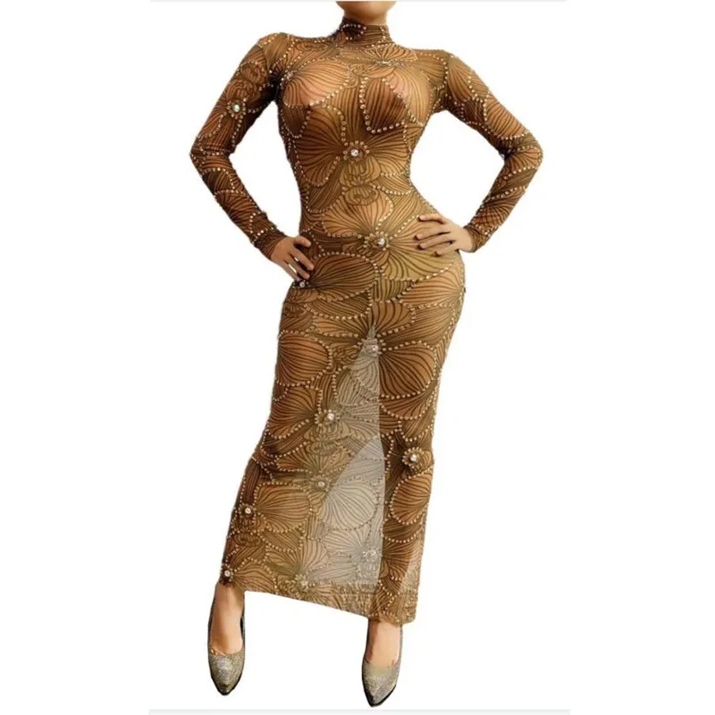 Женское сценическое платье блестящее Сетчатое с принтом стразы кристаллами для