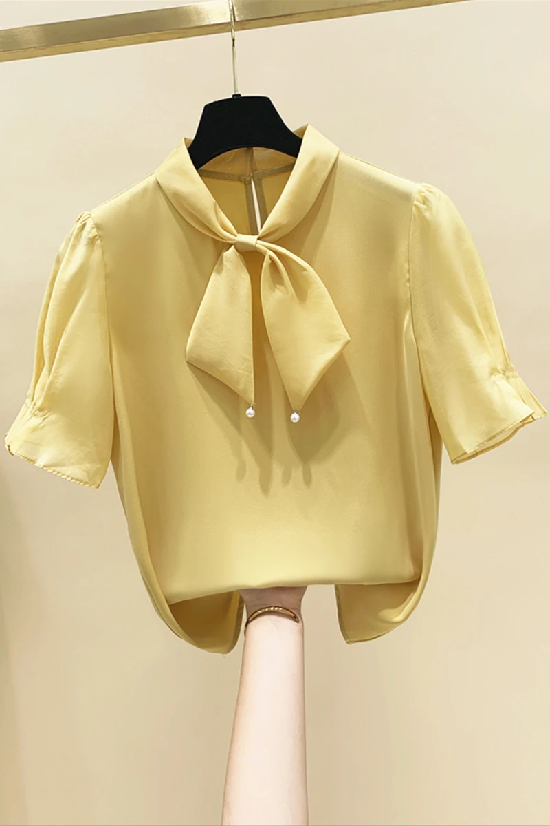 

2021 New Bow Beaded Chiffon Short-sleeved Loose Solid Blouse Women Tops